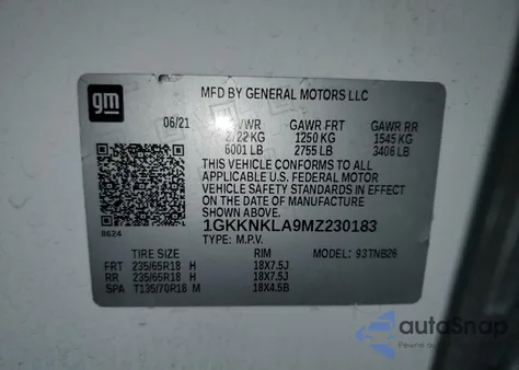 2021 GMC Acadia Sle z USA, uszkodzony, nr VIN 1GKKNKLA9MZ230183